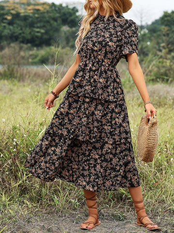 Ditsy Floral Print Petal Sleeve Layered Hem Dress