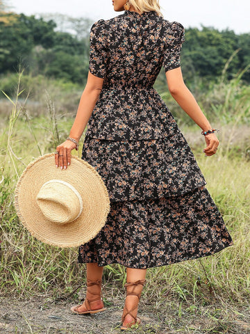 Ditsy Floral Print Petal Sleeve Layered Hem Dress