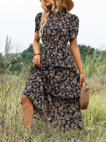 Ditsy Floral Print Petal Sleeve Layered Hem Dress