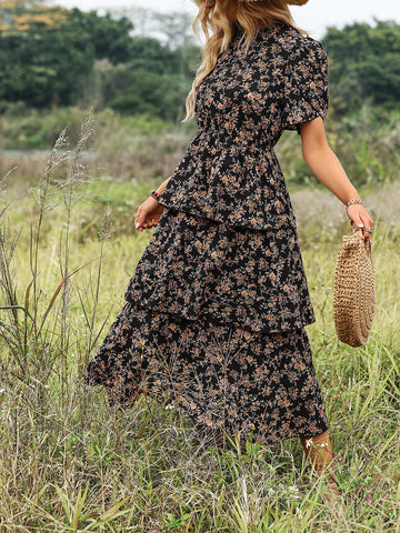 Ditsy Floral Print Petal Sleeve Layered Hem Dress