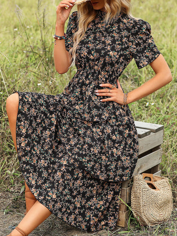 Ditsy Floral Print Petal Sleeve Layered Hem Dress