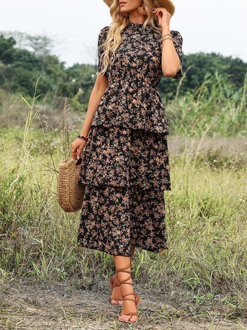 Ditsy Floral Print Petal Sleeve Layered Hem Dress