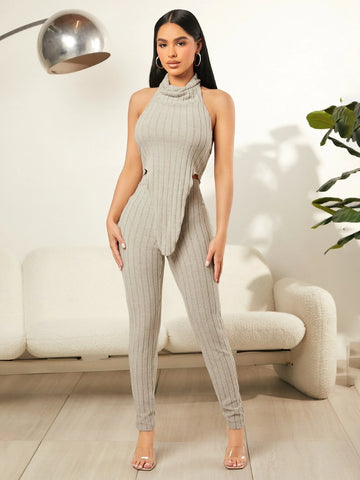 Solid Asymmetrical Hem Halter Top & Leggings
