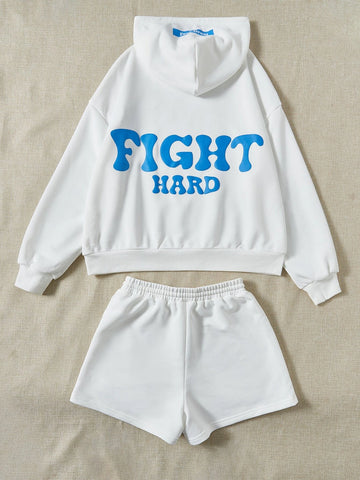 EZwear Letter Graphic Drop Shoulder Drawstring Hoodie & Track Shorts