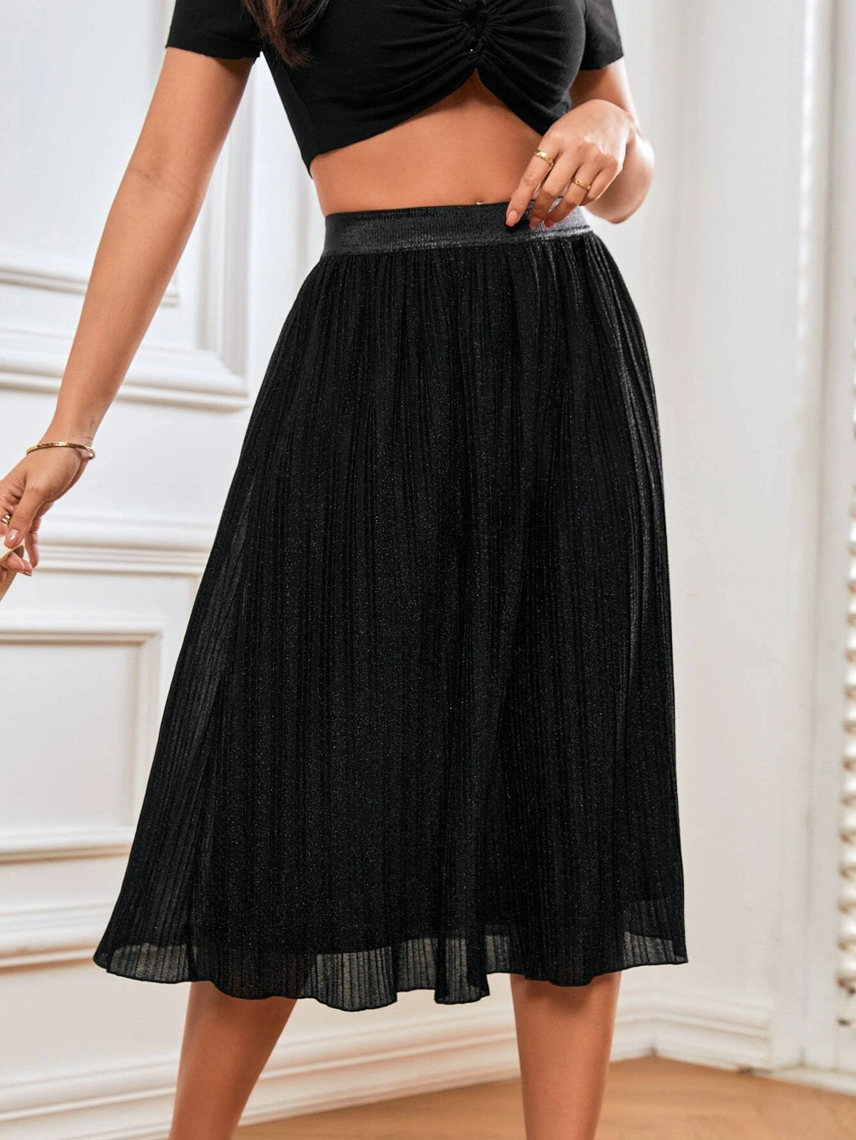 Frenchy High Waist Glitter Pleated Skirt