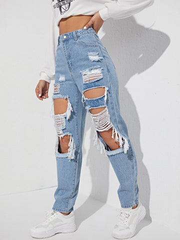 Cut Out Ripped Frayed Carrot Jeans