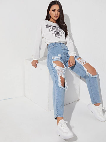 Cut Out Ripped Frayed Carrot Jeans