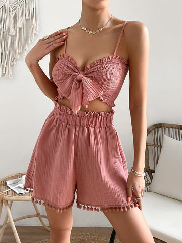 VCAY Frill Trim Knot Front Cami Top & Shorts