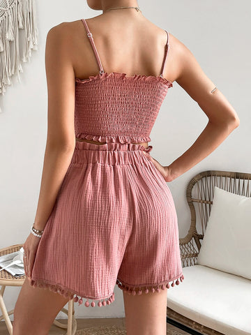 VCAY Frill Trim Knot Front Cami Top & Shorts