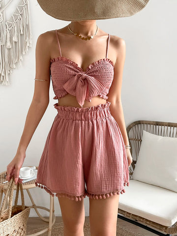 VCAY Frill Trim Knot Front Cami Top & Shorts