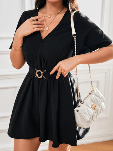 Solid V Neck Belted Romper