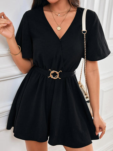 Solid V Neck Belted Romper