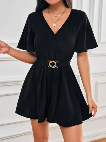 Solid V Neck Belted Romper