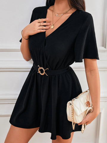 Solid V Neck Belted Romper