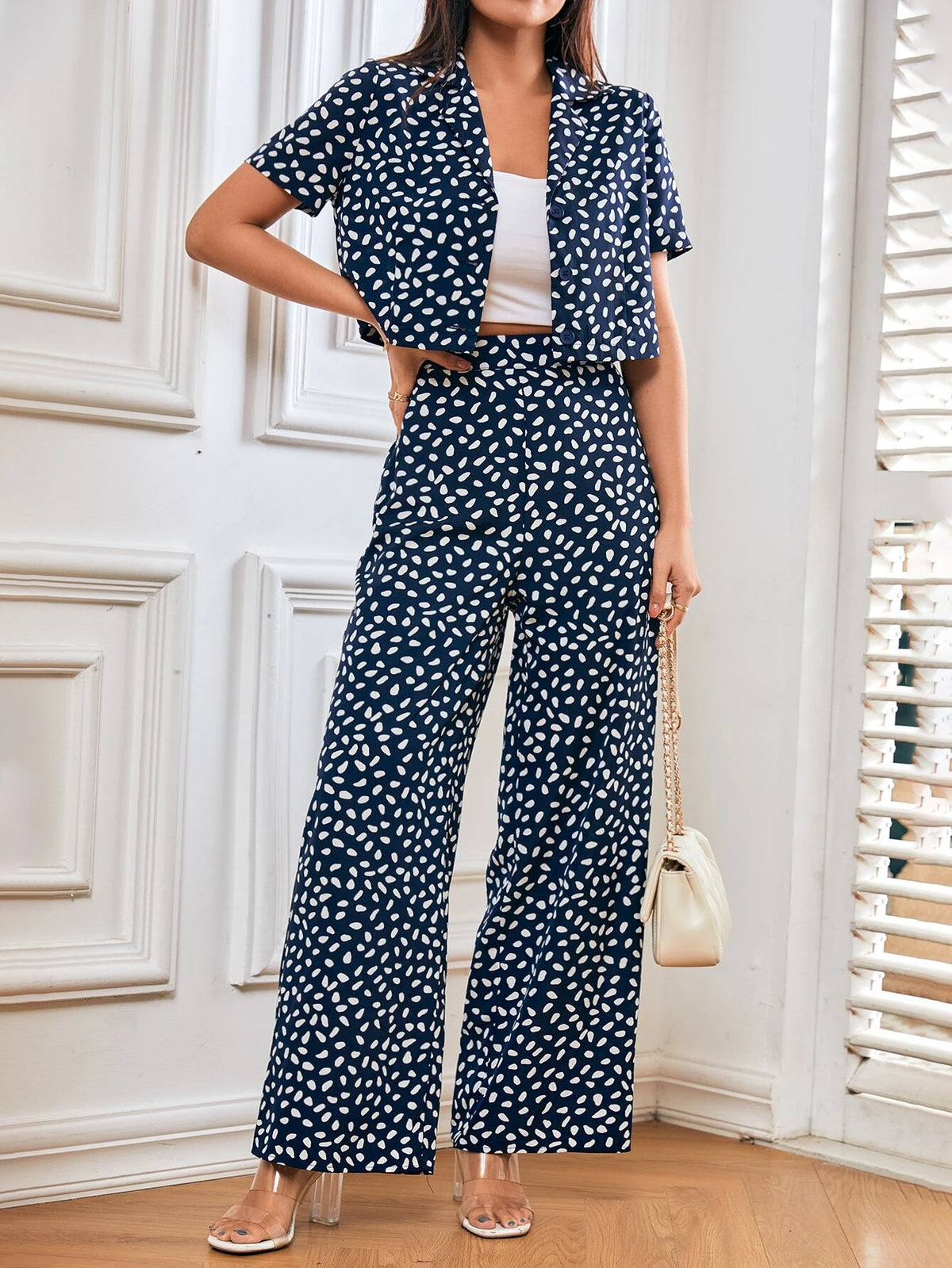 Frenchy Dalmatian Print Blouse & Wide Leg Pants