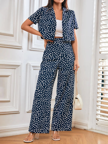 Frenchy Dalmatian Print Blouse & Wide Leg Pants