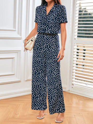 Frenchy Dalmatian Print Blouse & Wide Leg Pants