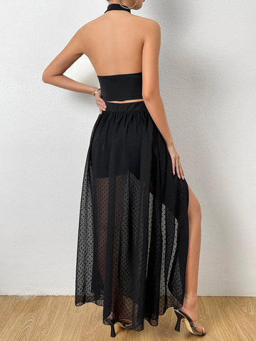 Solid Halter Top & Swiss Dot Wrap Hem Skirt