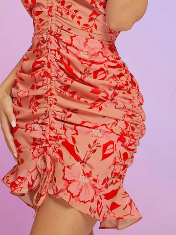 BAE Floral Print Drawstring Front Ruffle Hem Cami Dress