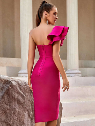 ADYCE One Shoulder Ruffle Trim Split Thigh Bandage Dress