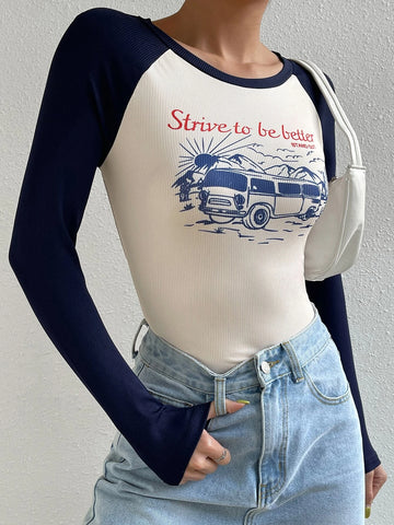 Slogan & Bus Print Raglan Sleeve Tee