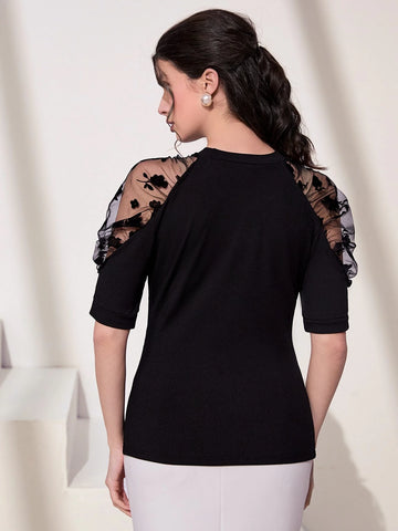 Contrast Mesh Raglan Sleeve Tee