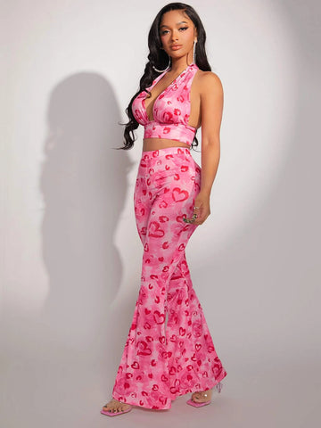 SXY Heart Print Backless Crop Halter Top & Flare Leg Pants
