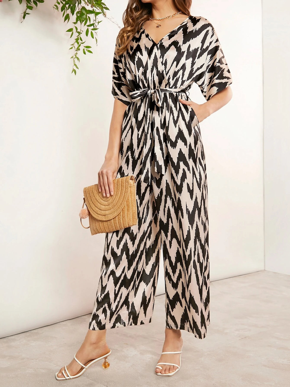 EMERY ROSE Allover Print Batwing Sleeve Belted Wide Leg Jumpsuit