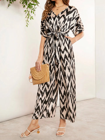 EMERY ROSE Allover Print Batwing Sleeve Belted Wide Leg Jumpsuit