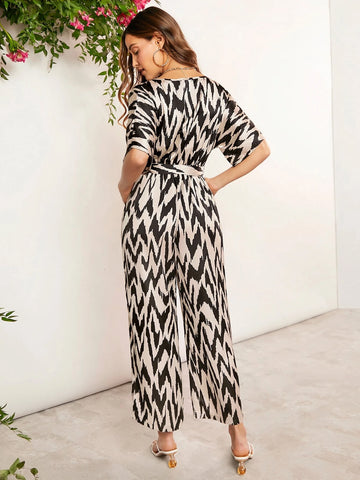 EMERY ROSE Allover Print Batwing Sleeve Belted Wide Leg Jumpsuit