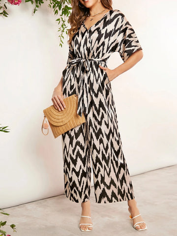 EMERY ROSE Allover Print Batwing Sleeve Belted Wide Leg Jumpsuit