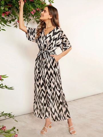 EMERY ROSE Allover Print Batwing Sleeve Belted Wide Leg Jumpsuit
