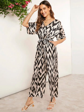 EMERY ROSE Allover Print Batwing Sleeve Belted Wide Leg Jumpsuit