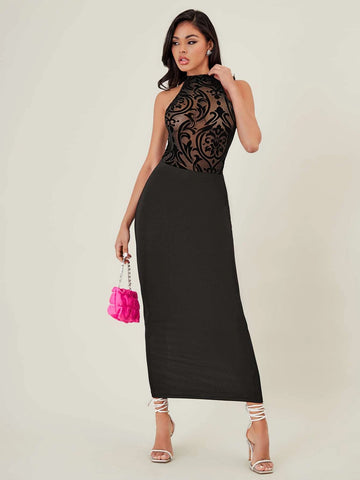 BAE Mock Neck Flocked Sheer Mesh Bodysuit