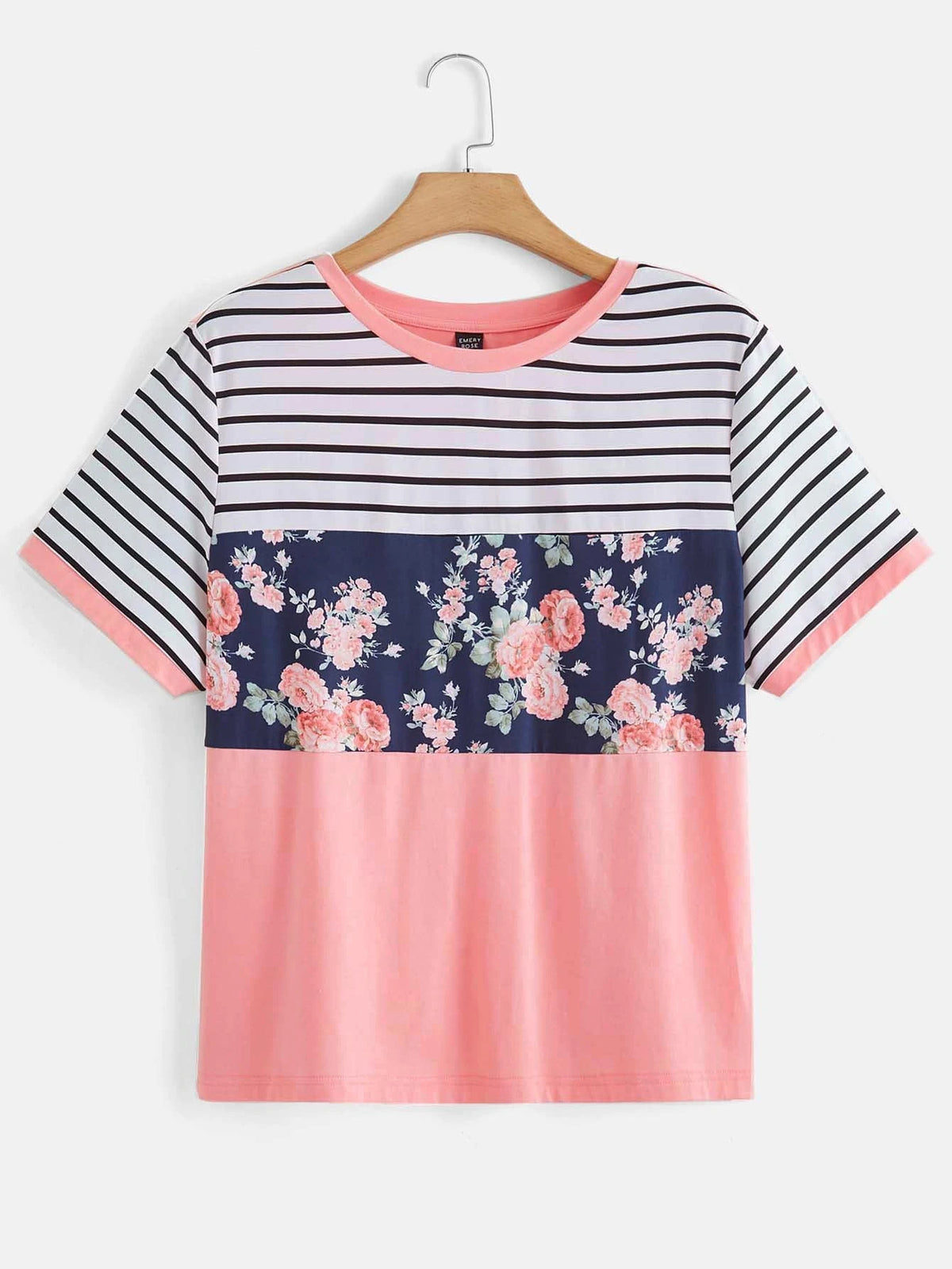 EMERY ROSE Striped & Floral Print Contrast Binding Tee
