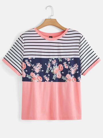 EMERY ROSE Striped & Floral Print Contrast Binding Tee