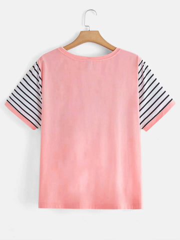 EMERY ROSE Striped & Floral Print Contrast Binding Tee