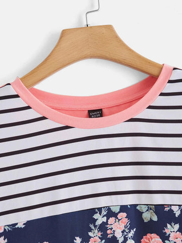 EMERY ROSE Striped & Floral Print Contrast Binding Tee