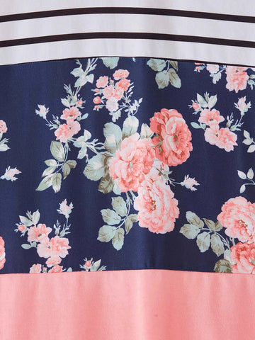 EMERY ROSE Striped & Floral Print Contrast Binding Tee