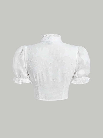 MOD Frill Trim Tie Neck Puff Sleeve Crop Blouse