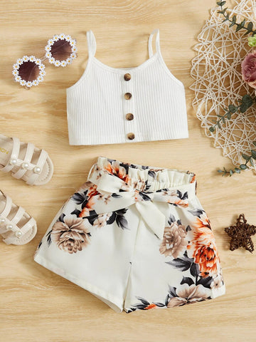 Baby Fake Button Cami Top & Floral Print Paperbag Waist Belted Shorts