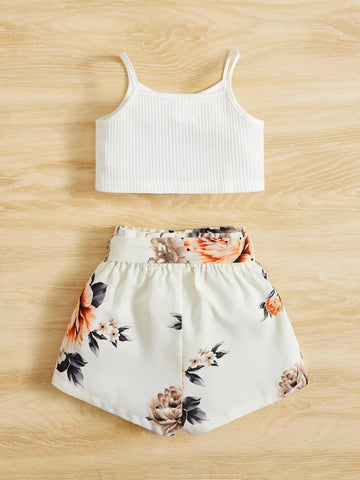 Baby Fake Button Cami Top & Floral Print Paperbag Waist Belted Shorts