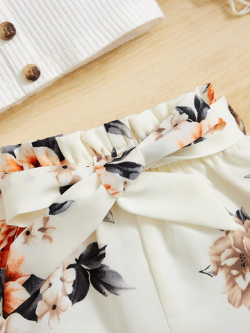 Baby Fake Button Cami Top & Floral Print Paperbag Waist Belted Shorts