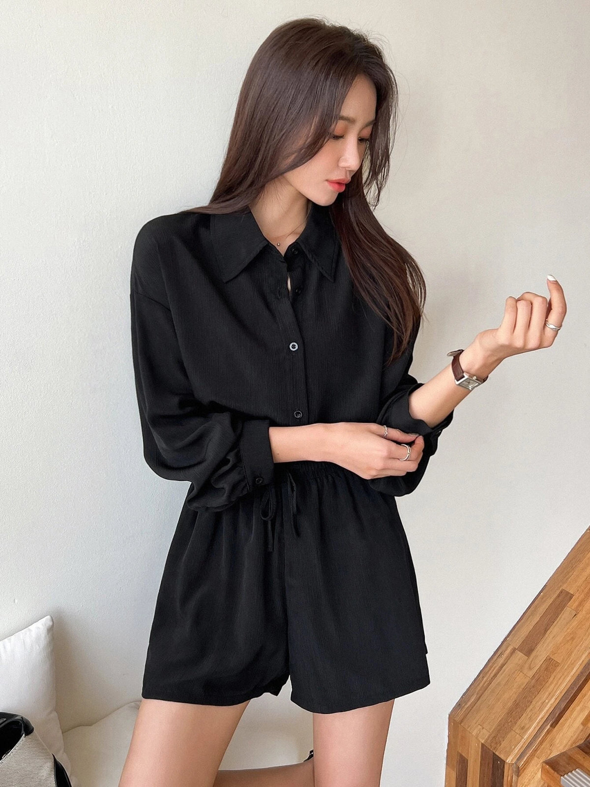 Solid Button Front Drop Shoulder Shirt & Drawstring Waist Shorts