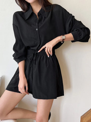 Solid Button Front Drop Shoulder Shirt & Drawstring Waist Shorts