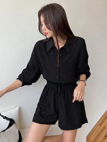 Solid Button Front Drop Shoulder Shirt & Drawstring Waist Shorts