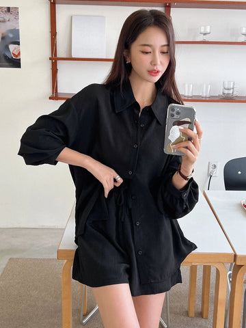 Solid Button Front Drop Shoulder Shirt & Drawstring Waist Shorts