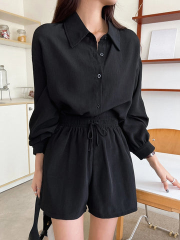 Solid Button Front Drop Shoulder Shirt & Drawstring Waist Shorts