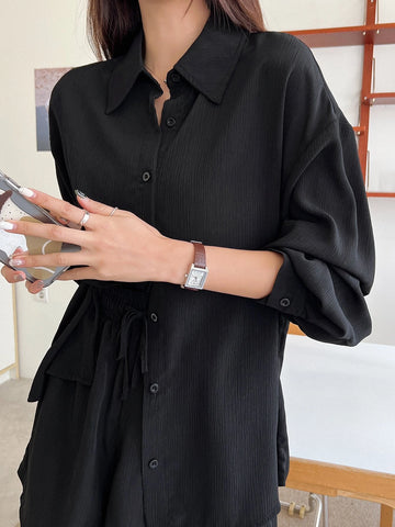 Solid Button Front Drop Shoulder Shirt & Drawstring Waist Shorts