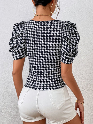 Houndstooth Print Puff Sleeve Square Neck Tee
